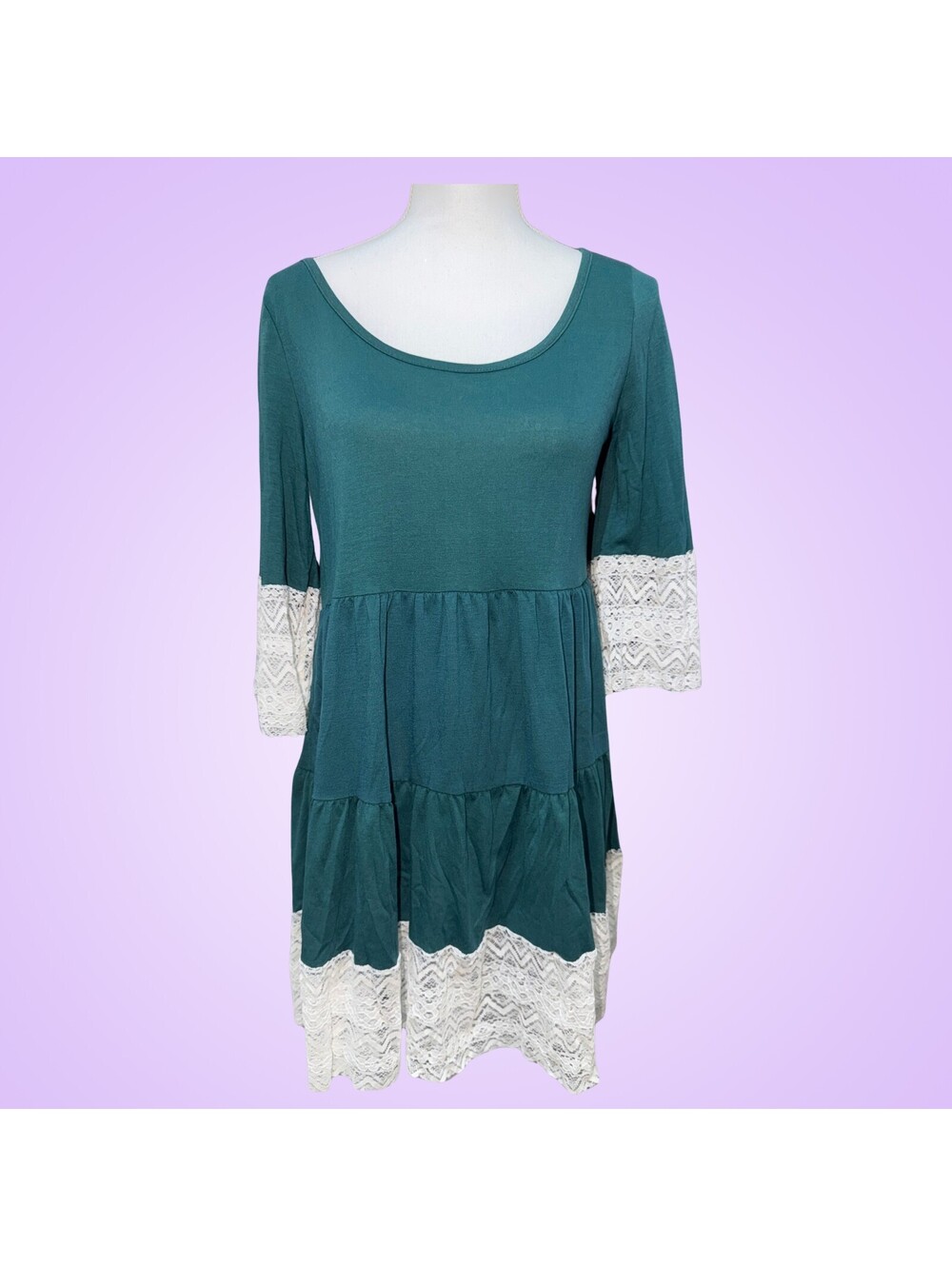 Womens Small Teal Green White Lace Tiered Dress Tunics Long Sleeve Boho